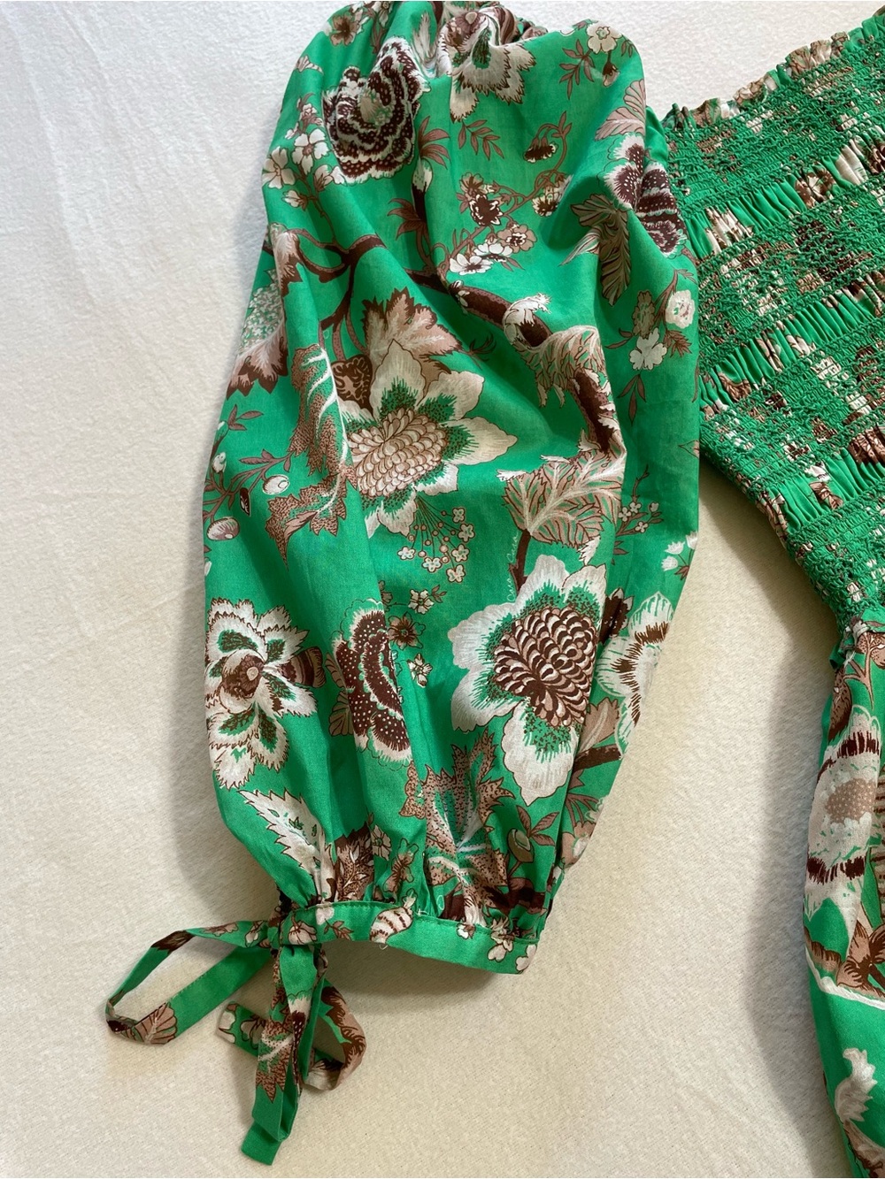 Cara Cara Jazzy Midi Dress Green Floral Smocked Puff Sleeve Cotton Cottagecore - Picture 13 of 16